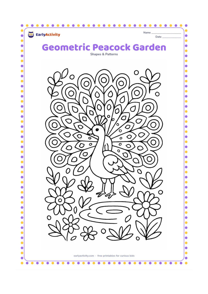 Colouring page: Draw a peacock displaying a wide fan of feathers built from repeating circles, teardrops, diamonds and curved shapes, standing beside a pond with oval ripples. Surround it with layered…