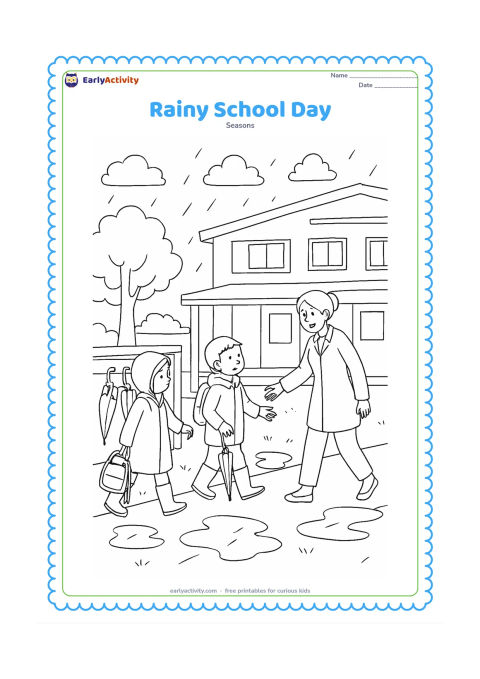 Colouring page: Children arrive at a school courtyard in raincoats and gumboots, hanging umbrellas near a covered entrance while a teacher guides them away from a slippery patch. Add a plain school…