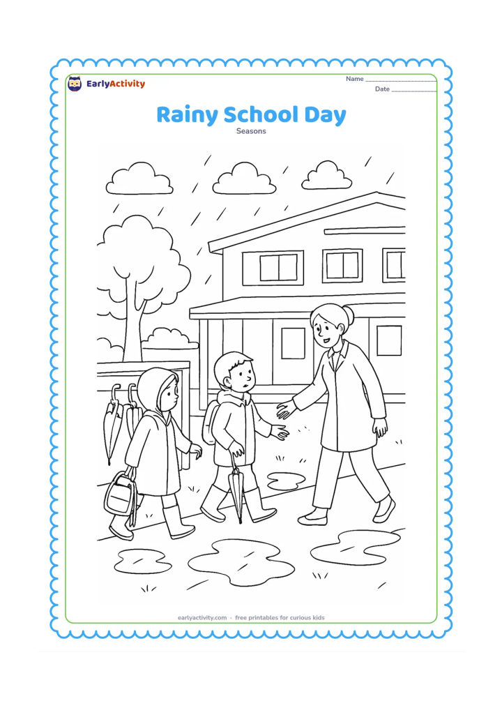 Colouring page: Children arrive at a school courtyard in raincoats and gumboots, hanging umbrellas near a covered entrance while a teacher guides them away from a slippery patch. Add a plain school…