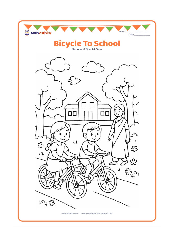 Colouring page: Draw two Indian children riding bicycles along a safe tree-lined road toward a simple school building, with a parent walking nearby. Include flowering shrubs, clouds and a sparrow.