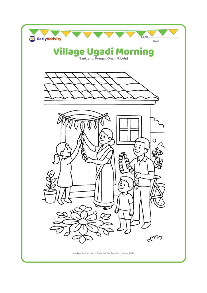 Colouring page: A family decorates the front of a village house in the morning, with a courtyard rangoli, mango-leaf toran, flowering plants and a bicycle nearby.