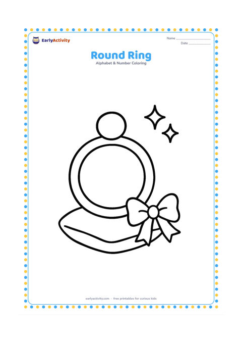 Colouring page: Draw a large round ring standing upright on a small cushion, with a simple bow beside it and two tiny sparkle shapes. Centre the ring and leave wide open areas for colouring.
