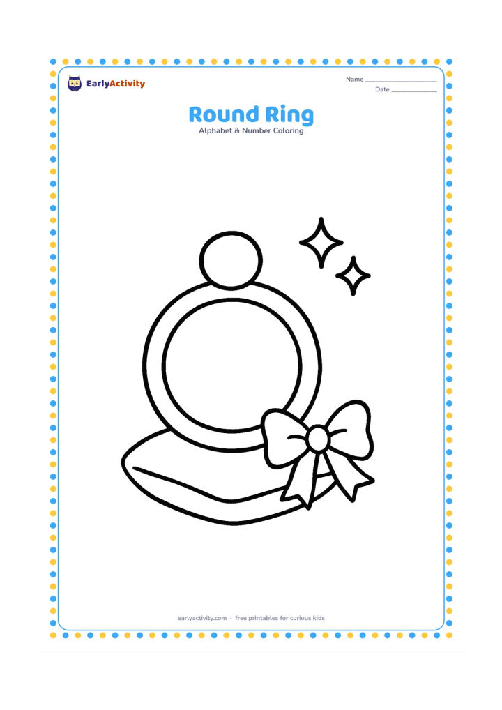 Colouring page: Draw a large round ring standing upright on a small cushion, with a simple bow beside it and two tiny sparkle shapes. Centre the ring and leave wide open areas for colouring.