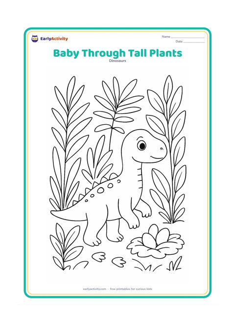Colouring page: Draw a young dinosaur walking through tall prehistoric plants, with its head and back visible between the stems. Add several different leaf shapes, a nest and a short footprint trail.