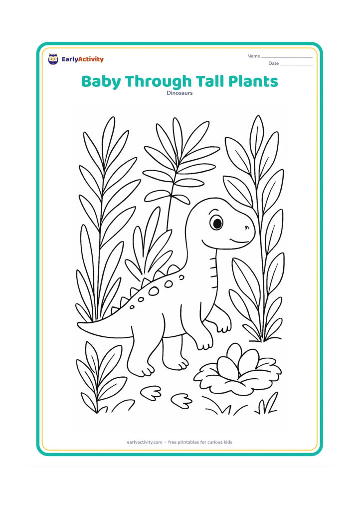 Colouring page: Draw a young dinosaur walking through tall prehistoric plants, with its head and back visible between the stems. Add several different leaf shapes, a nest and a short footprint trail.