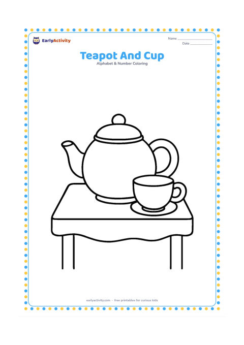 Colouring page: Draw a friendly round teapot with a curved handle, short spout, lid, and one cup beside it. Place both objects on a simple kitchen table with a small cloth underneath.