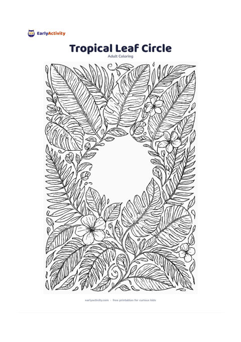 Colouring page: Draw a circular arrangement of overlapping banana leaves, monstera leaves, fern fronds, palms and curling vines. Place a few simple tropical flowers and seed pods between the leaves,…