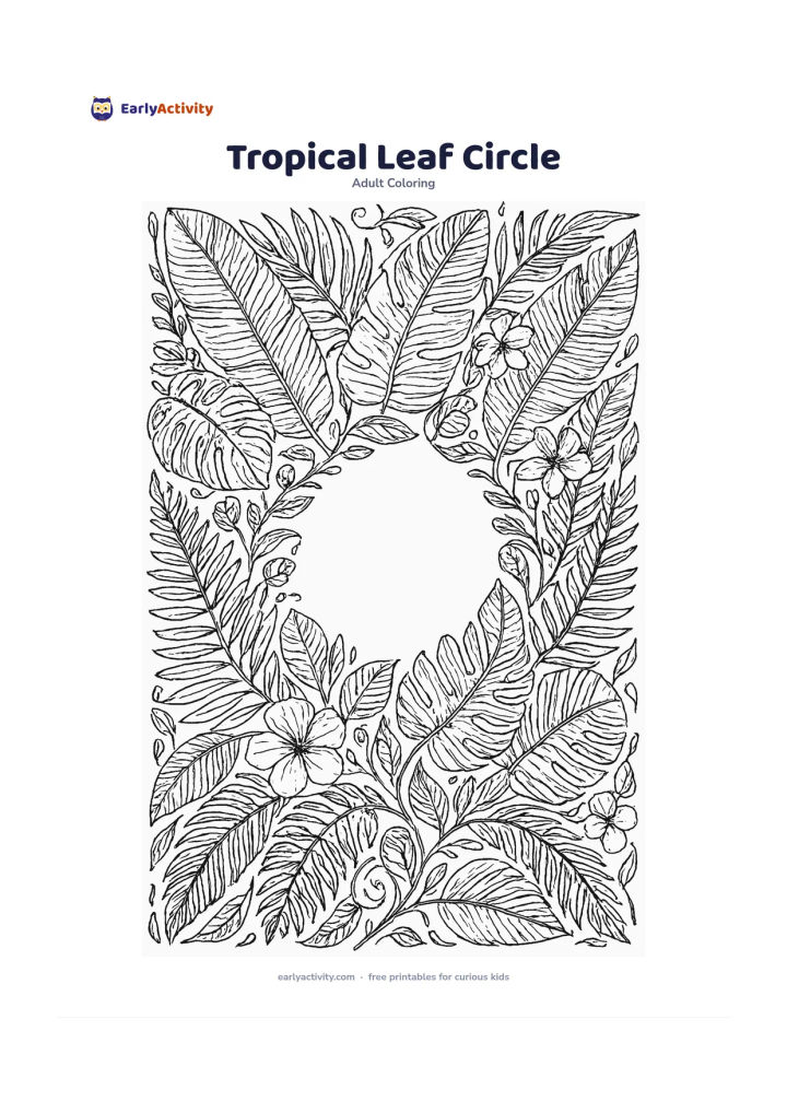 Colouring page: Draw a circular arrangement of overlapping banana leaves, monstera leaves, fern fronds, palms and curling vines. Place a few simple tropical flowers and seed pods between the leaves,…