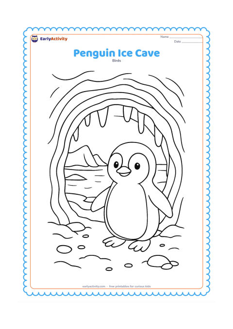 Colouring page: Draw a penguin standing at the entrance of a safe, open ice cave, with layered icy walls, hanging rounded icicles, and a view of ocean and icebergs outside. Add a few pebbles and small…