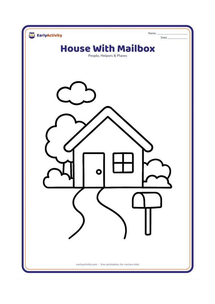 Colouring page: Draw a small home with a roof, door, window, pathway and a simple empty mailbox on a post near the gate. Add a cloud, a tree and a few large bushes.