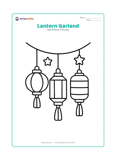 Colouring page: Three oversized lanterns hang in a row from a gently curved garland across the page, with a few large tassels and stars. Make each lantern a different simple shape.