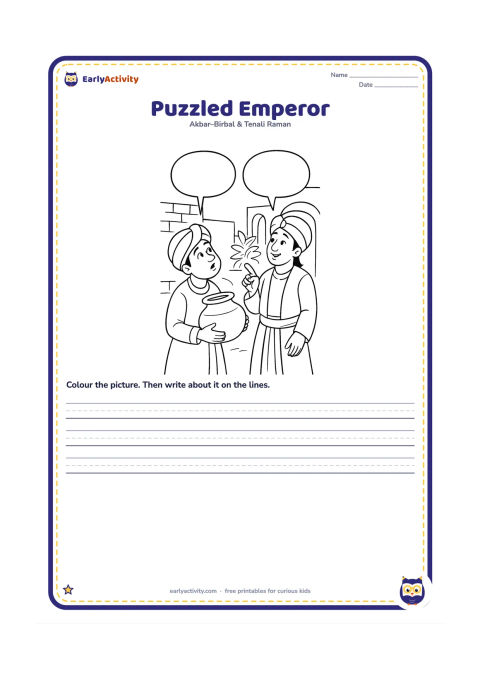 Worksheet: Show Akbar tilting his head and looking up at the pot while Birbal points calmly toward the distant fire. Use a courtyard wall, doorway and leafy plant behind them.