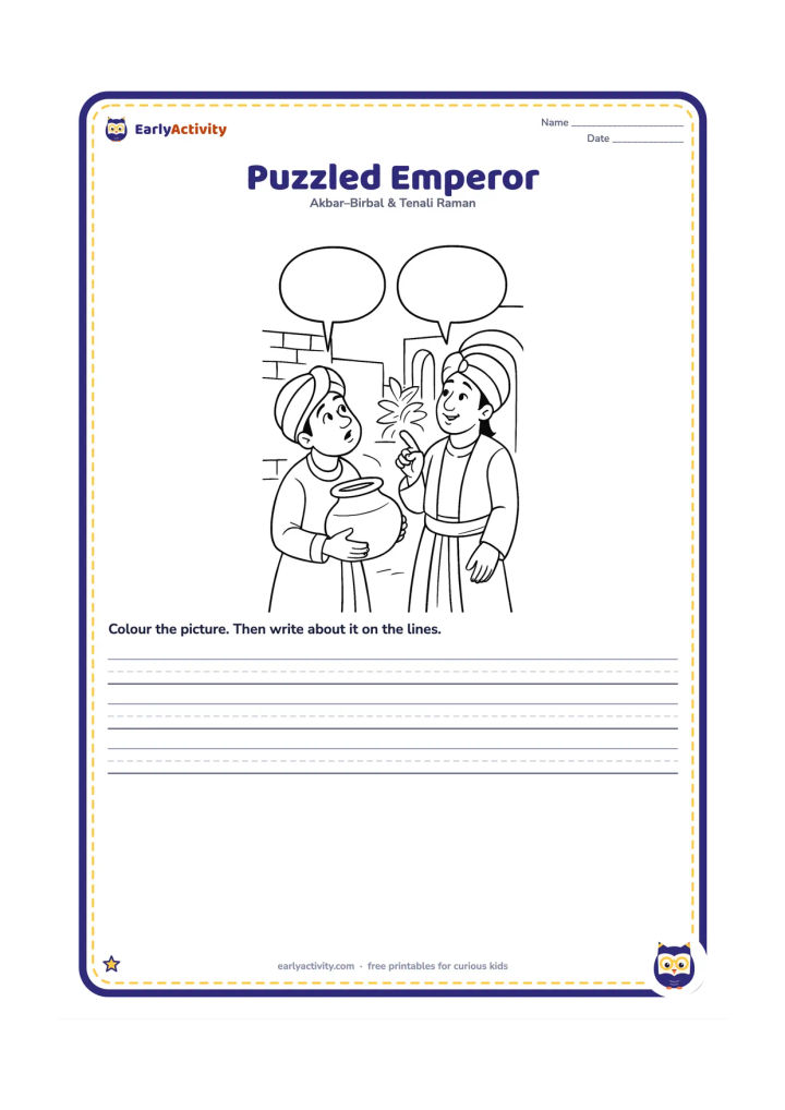 Worksheet: Show Akbar tilting his head and looking up at the pot while Birbal points calmly toward the distant fire. Use a courtyard wall, doorway and leafy plant behind them.
