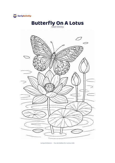 Colouring page: Show a butterfly perched on a fully open lotus flower beside two lotus buds and broad lily leaves. Add layered water ripples and a few floating petals in the background, with intricate…