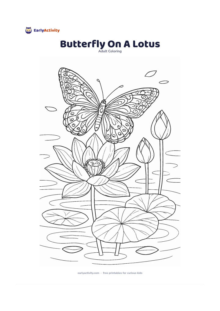 Colouring page: Show a butterfly perched on a fully open lotus flower beside two lotus buds and broad lily leaves. Add layered water ripples and a few floating petals in the background, with intricate…