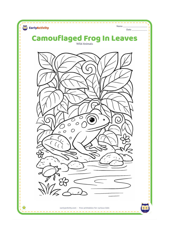 Colouring page: Draw a frog resting among layered leaves and curling vines beside a shaded pond, with only some of its body blending behind the foliage. Add a beetle, small flowers, mossy stones and…