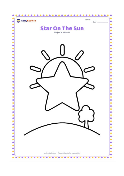 Colouring page: A large five-point star overlaps a big round sun with simple rays, above a low hill and one small tree.
