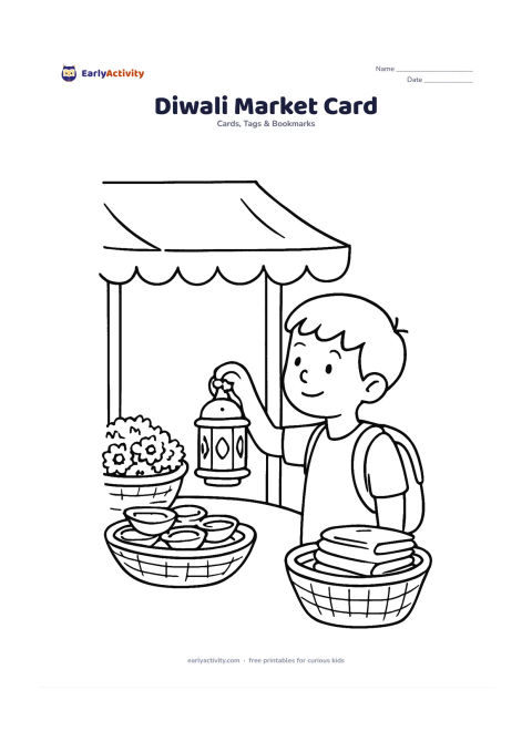 Worksheet: Draw a child choosing a small decorated lantern from a friendly Indian market stall, with baskets of marigolds, clay diyas and fabric canopies around them. Leave a clear open area in the…