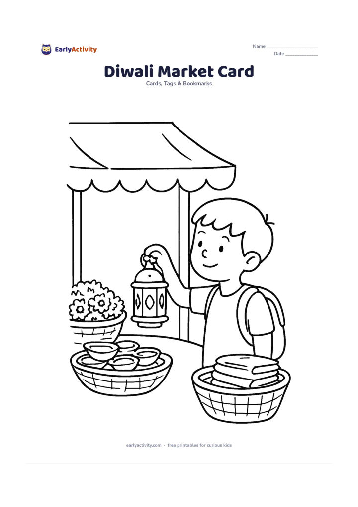 Worksheet: Draw a child choosing a small decorated lantern from a friendly Indian market stall, with baskets of marigolds, clay diyas and fabric canopies around them. Leave a clear open area in the…