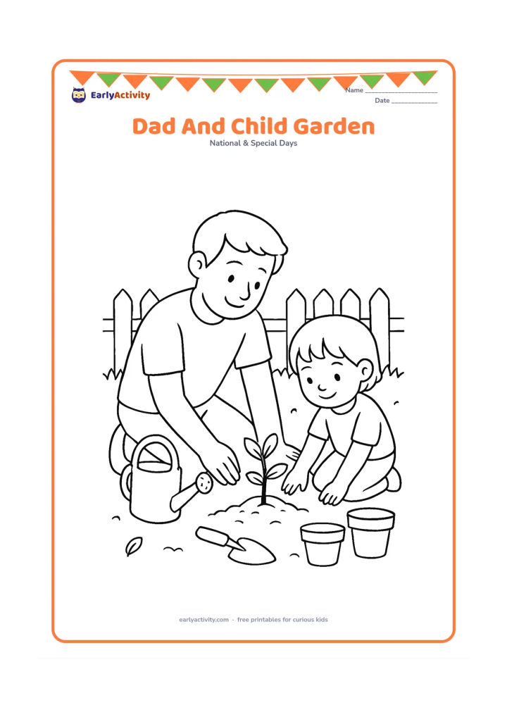 Colouring page: A father and child plant a young seedling together in a garden bed, with a watering can, hand trowel, flower pots and a low garden fence.