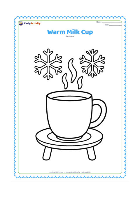 Colouring page: A child-friendly mug of warm milk sits on a small table, with three curling steam shapes rising above it. Add a simple saucer and two large snowflakes in the background.