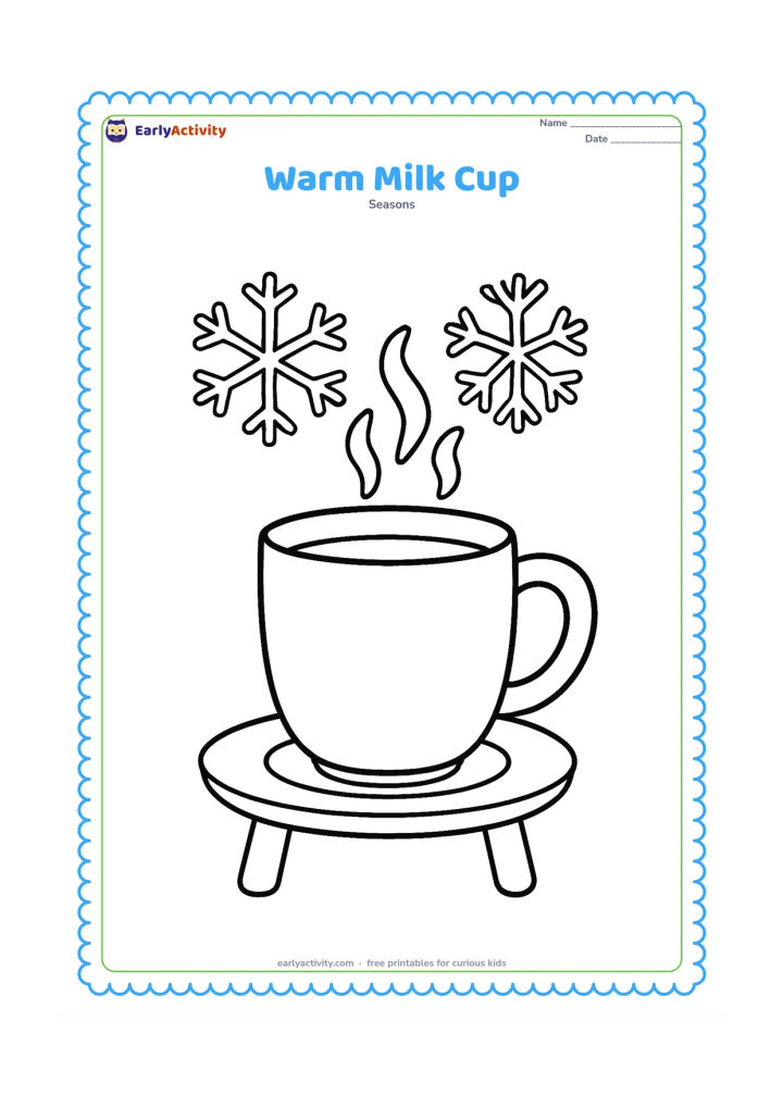 Colouring page: A child-friendly mug of warm milk sits on a small table, with three curling steam shapes rising above it. Add a simple saucer and two large snowflakes in the background.