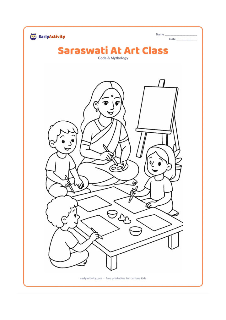 Colouring page: Saraswati sits with three children around a low table covered with blank sheets, brushes, and simple clay shapes. Add an easel with a blank canvas, paint bowls, and a potted plant in the…