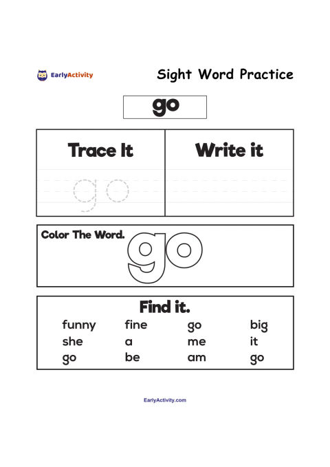 Worksheet for practising the sight word “go” with tracing, writing, colouring, and finding the word among other words.