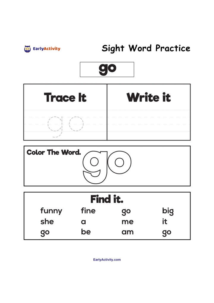 Worksheet for practising the sight word “go” with tracing, writing, colouring, and finding the word among other words.