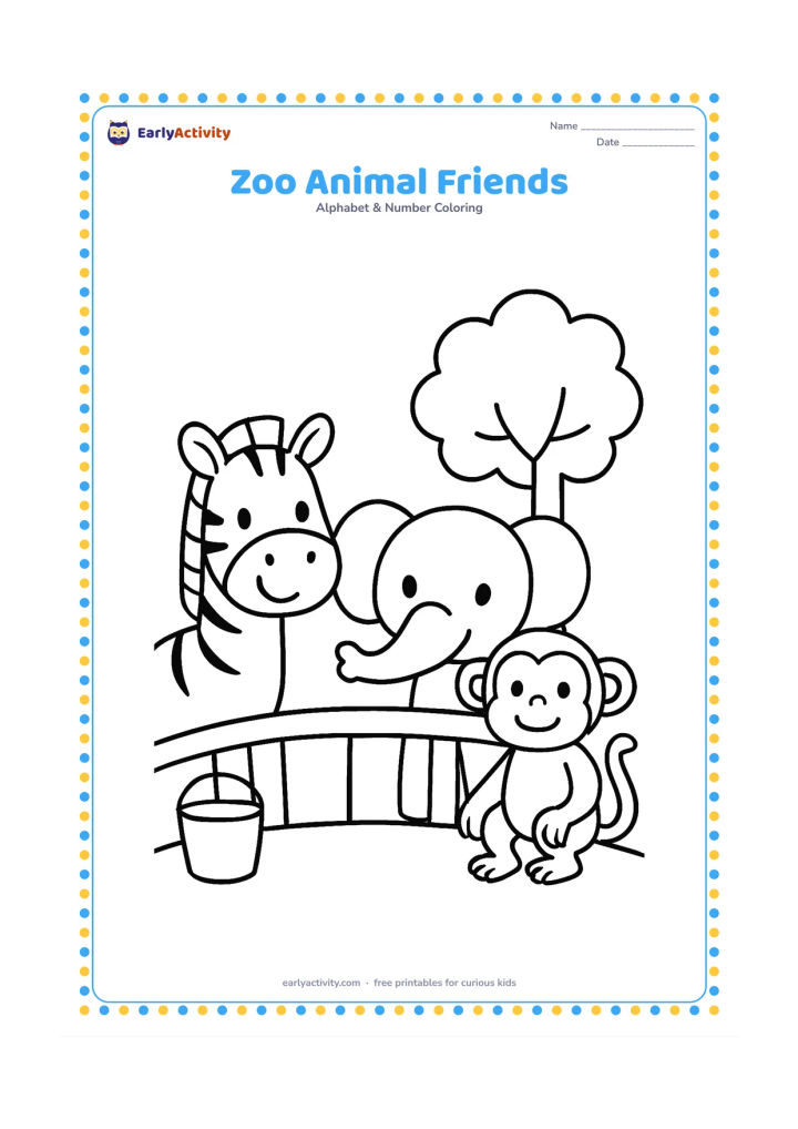 Colouring page: Draw a smiling zebra, a small elephant and a monkey together behind a low rounded zoo fence. Add one leafy tree and a simple keeper's bucket, with no enclosure labels or signs.