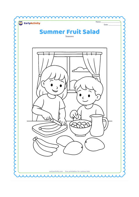 Colouring page: Draw two siblings preparing a fruit salad at a kitchen table, with one cutting a banana using a safe table knife and the other placing mango pieces in a bowl. Include mangoes, bananas, a…