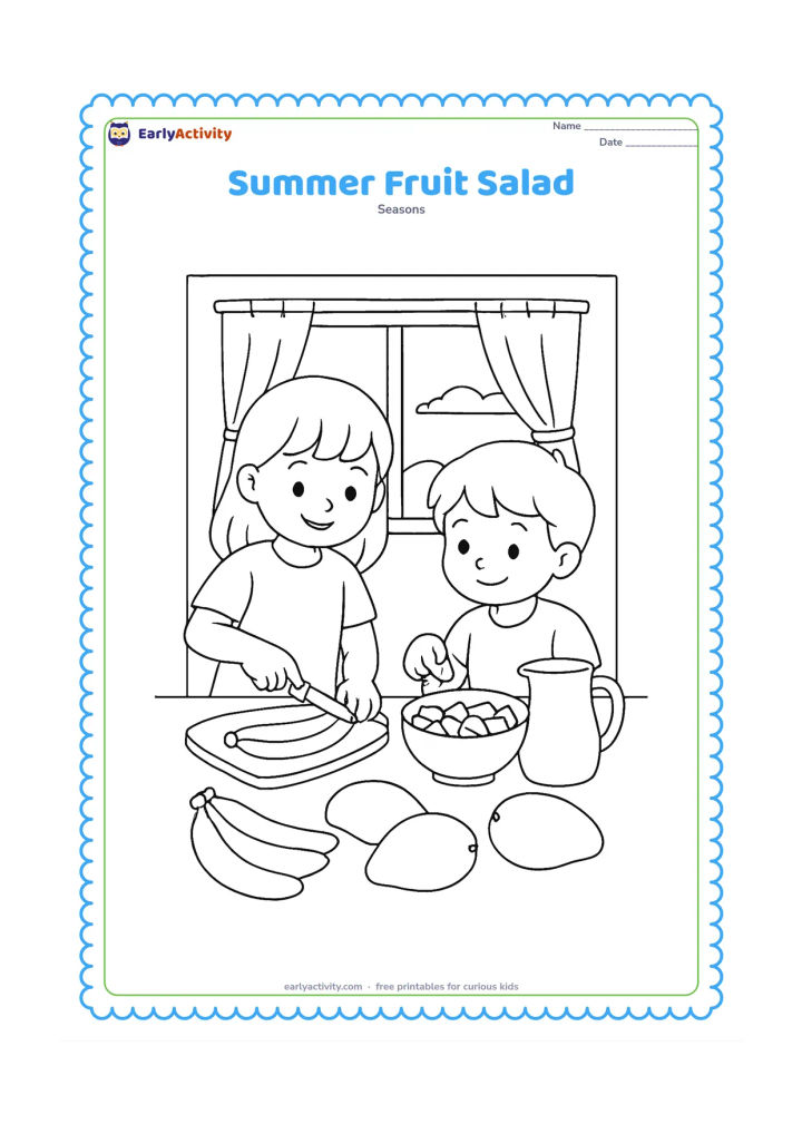 Colouring page: Draw two siblings preparing a fruit salad at a kitchen table, with one cutting a banana using a safe table knife and the other placing mango pieces in a bowl. Include mangoes, bananas, a…