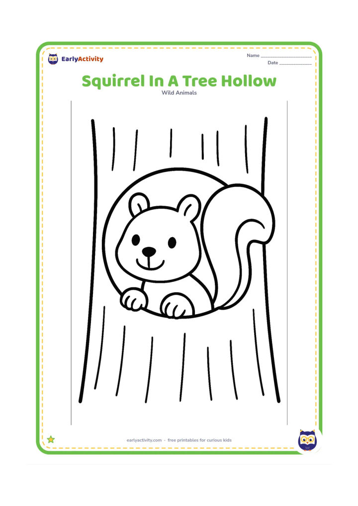 Colouring page: Draw a squirrel peeking out from a large round hollow in a tree trunk, with its head, paws, and bushy tail visible.