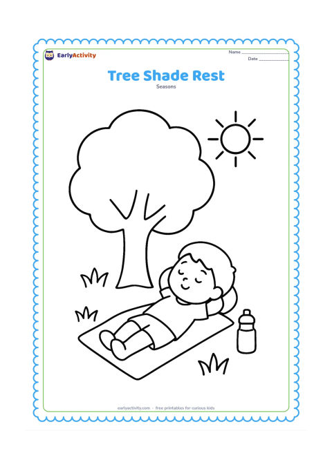 Colouring page: A child relaxes on a mat beneath a large leafy tree, with a water bottle, three grass tufts and a bright sun visible around the branches.