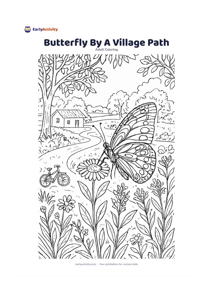 Colouring page: Place a butterfly on a roadside wildflower beside a winding rural path, with leafy trees, a small mud-plastered house, a bicycle, and distant fields. Give the butterfly broad patterned…