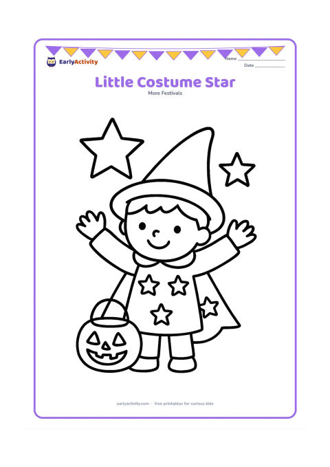 Colouring page: Draw a cheerful young child wearing a simple pointed hat and a star-patterned cape, standing with both arms raised. Add one pumpkin bucket and two large stars nearby.