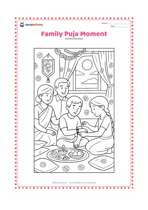 Colouring page: A family gathers around a low decorated table as a sister ties a rakhi on her brother's wrist. Include a thali, sweets, flowers, a small lamp, cushions, curtains, wall decorations, and a…
