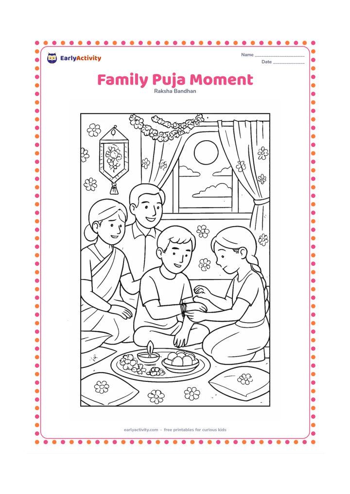 Colouring page: A family gathers around a low decorated table as a sister ties a rakhi on her brother's wrist. Include a thali, sweets, flowers, a small lamp, cushions, curtains, wall decorations, and a…