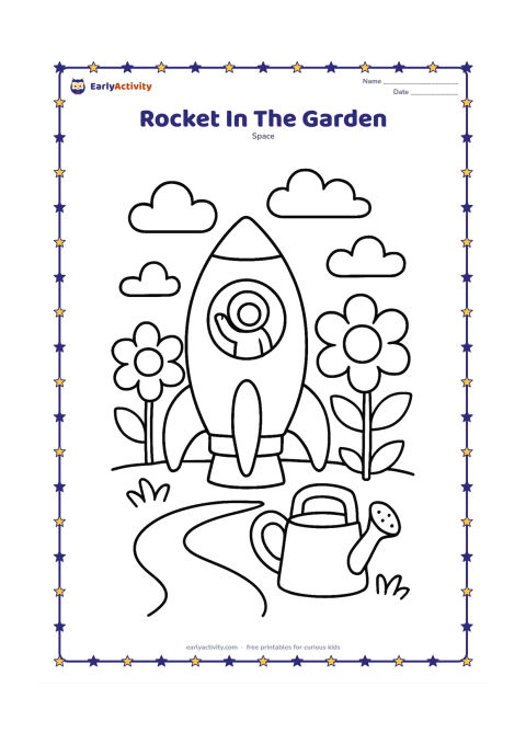 Colouring page: Show a little rocket standing in a garden beside large flowers and a watering can, with a child-sized astronaut waving from the window. Add a curved path and a few clouds.