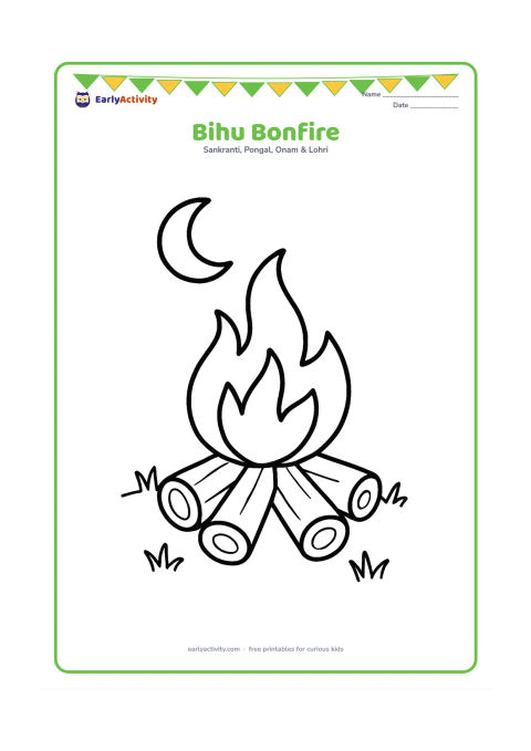 Colouring page: Draw a small cheerful Magh Bihu bonfire outdoors with three large logs, gentle flames, and a crescent moon above. Add a few simple grass tufts around it.