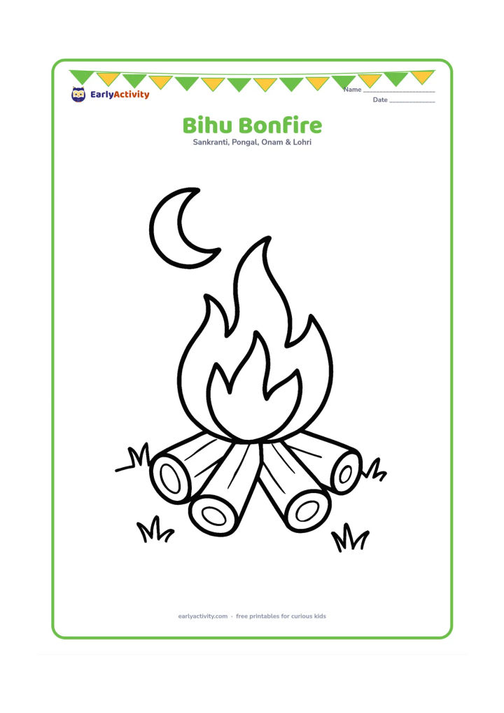 Colouring page: Draw a small cheerful Magh Bihu bonfire outdoors with three large logs, gentle flames, and a crescent moon above. Add a few simple grass tufts around it.
