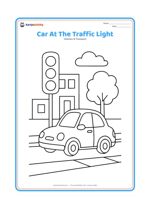 Colouring page: Draw a compact car waiting at a traffic light on a city street, with a tall signal showing only simple coloured-light circles without letters or numbers. Add one sidewalk, two low…