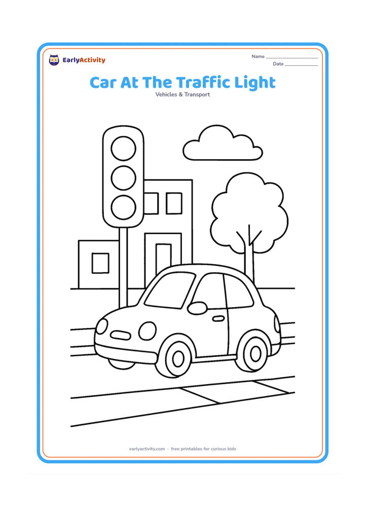 Colouring page: Draw a compact car waiting at a traffic light on a city street, with a tall signal showing only simple coloured-light circles without letters or numbers. Add one sidewalk, two low…