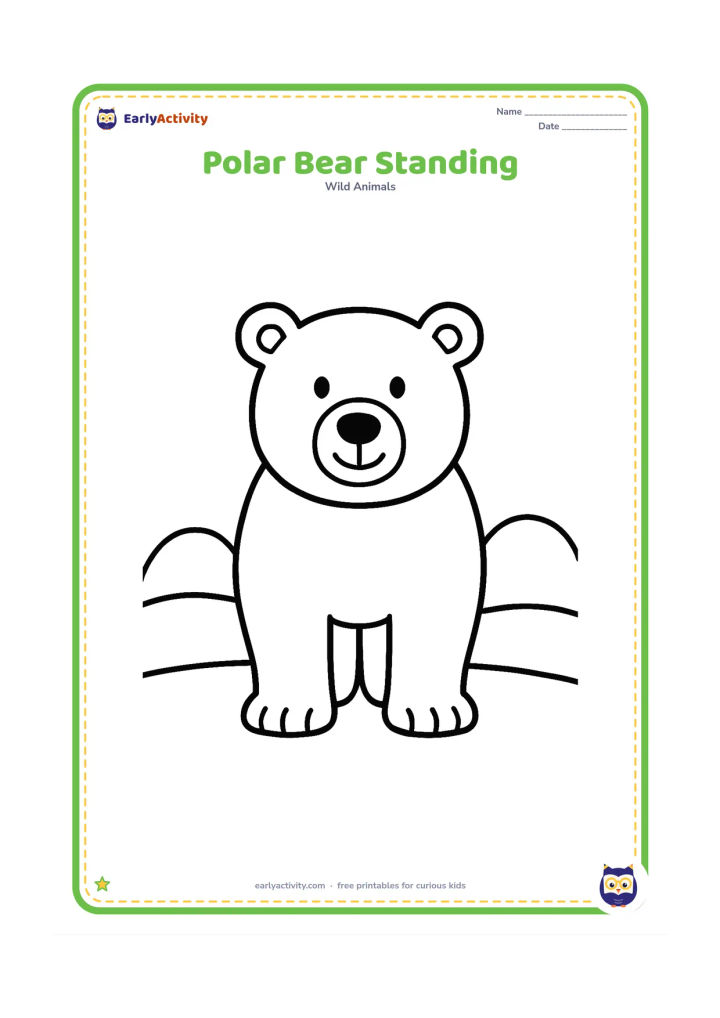 Colouring page: A friendly polar bear stands facing forward on a wide patch of snow, with two rounded snowdrifts behind it and plenty of open space around the large body.