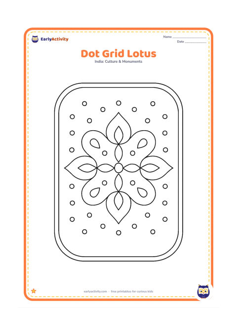 Colouring page: Create a medium-complexity lotus rangoli built around an orderly grid of large dots, with curved lines connecting the dots into mirrored petals. Add a double curved border around the design.