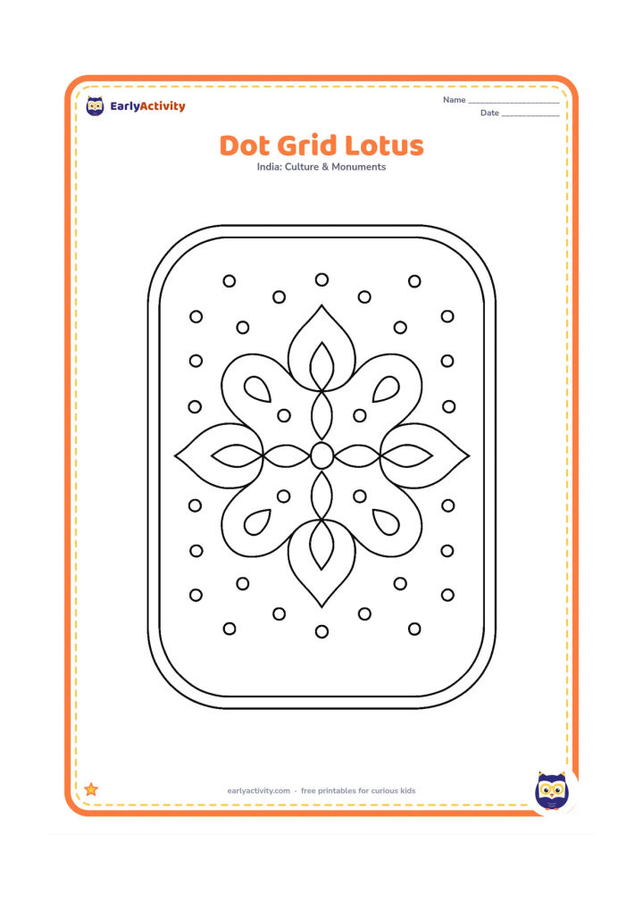 Colouring page: Create a medium-complexity lotus rangoli built around an orderly grid of large dots, with curved lines connecting the dots into mirrored petals. Add a double curved border around the design.