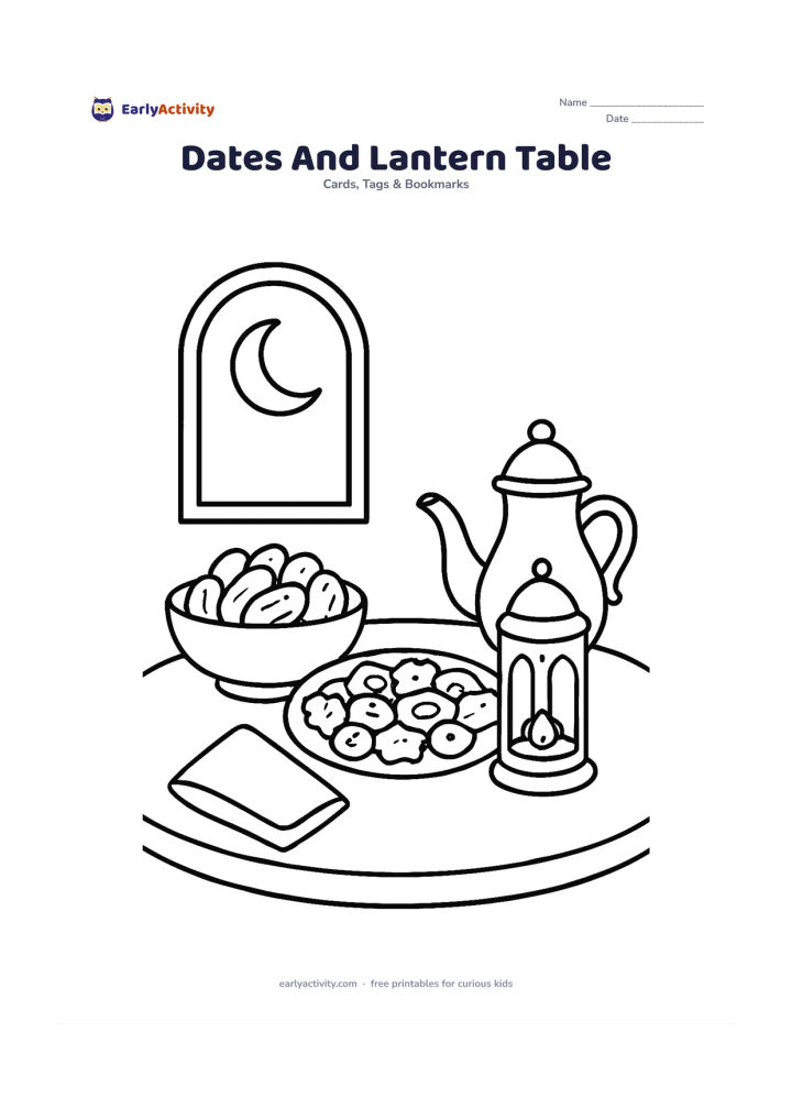Worksheet: A richly arranged Eid table holds a bowl of dates, a plate of sweets, a teapot, folded napkin, and a glowing lantern, with a window showing a crescent moon behind it. Leave one side of…