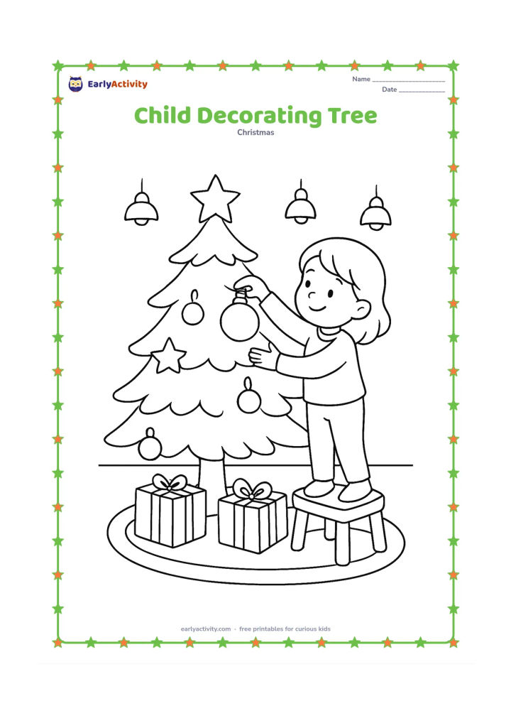 Colouring page: Draw a child standing on a low sturdy stool and placing a large bauble on a Christmas tree, with gift boxes, a rug and a few wall lights behind.