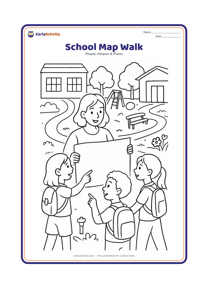 Colouring page: A teacher guides three children around a school courtyard using a large blank map sheet, with the children pointing toward a classroom wing, library doorway and playground. Include…