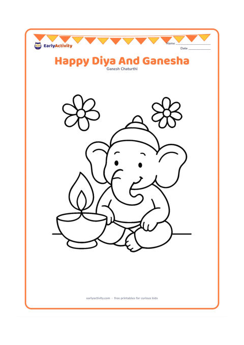 Colouring page: A smiling Ganesha sits beside one large diya with a simple flame. Add two large flower shapes and a plain floor line.